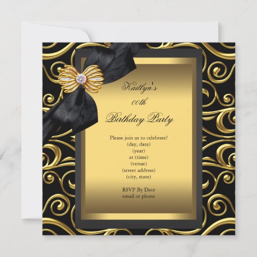 Elegant Birthday Party Black Damask Gold Kaart (Voorkant)