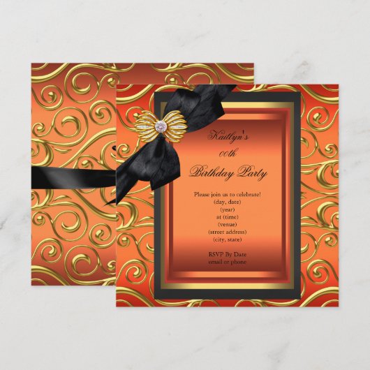 Elegant Birthday Party Black Damask Oranje Gold Kaart (Voorkant / Achterkant)
