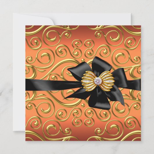 Elegant Birthday Party Black Damask Oranje Gold Kaart (Achterkant)