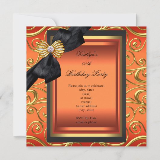 Elegant Birthday Party Black Damask Oranje Gold Kaart (Voorkant)