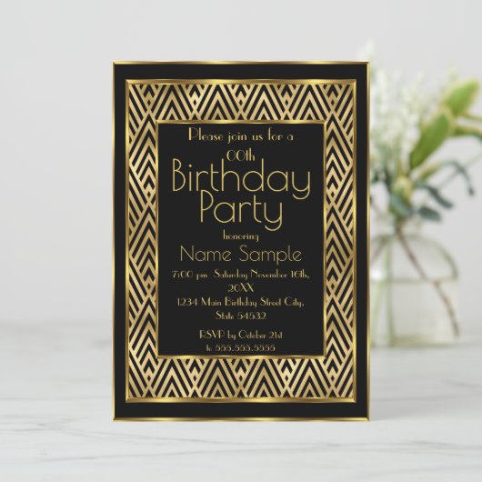Elegant Birthday Party Black Gold Art Deco Chevron Kaart (Staand voorkant)