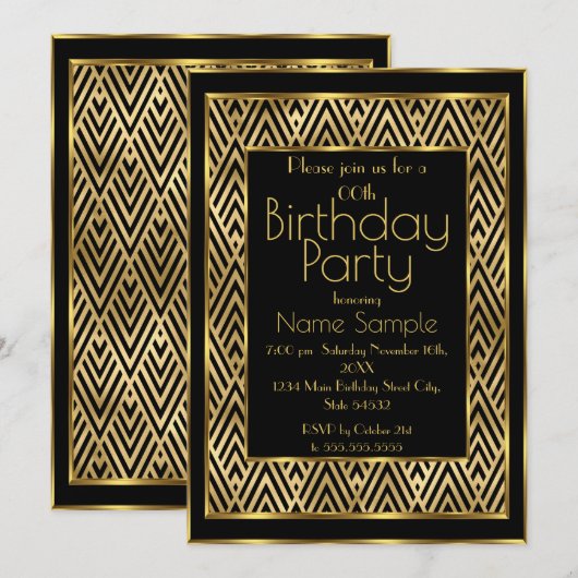 Elegant Birthday Party Black Gold Art Deco Chevron Kaart (Voorkant / Achterkant)