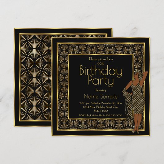 Elegant Birthday Party Black Gold Art Deco Lady Kaart (Voorkant / Achterkant)