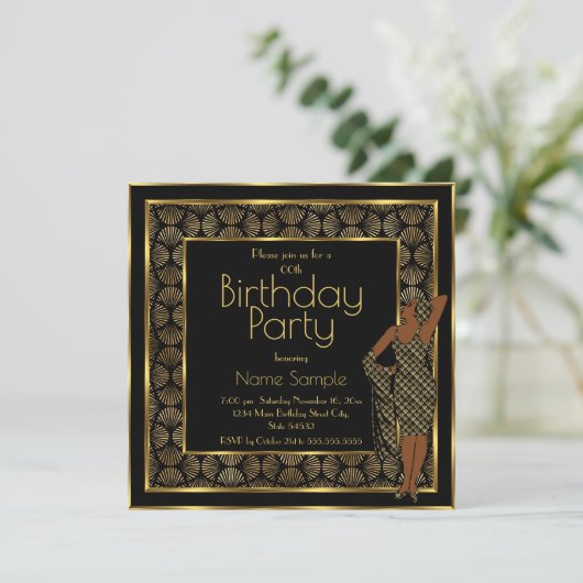 Elegant Birthday Party Black Gold Art Deco Lady Kaart (Staand voorkant)