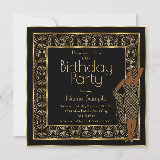Elegant Birthday Party Black Gold Art Deco Lady Kaart (Voorkant)