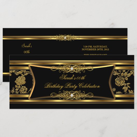 Elegant Birthday Party Black Gold Damask Kaart (Voorkant / Achterkant)