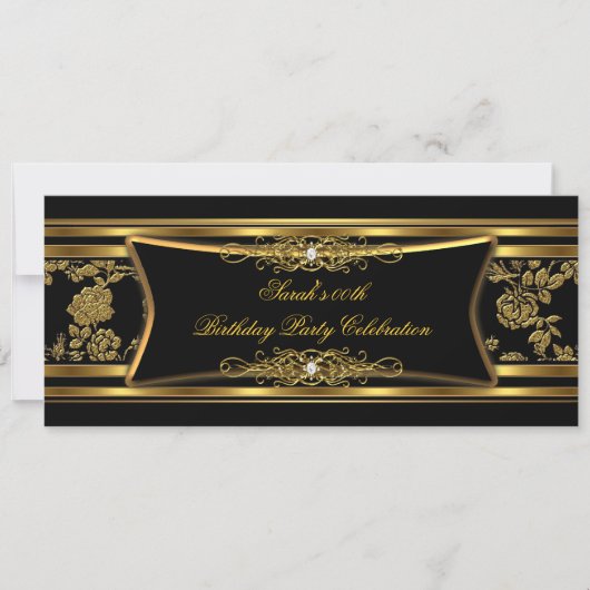 Elegant Birthday Party Black Gold Damask Kaart (Voorkant)