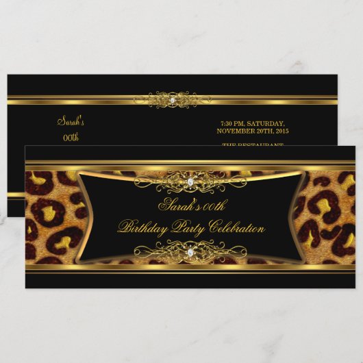 Elegant Birthday Party Black Gold Leopard Kaart (Voorkant / Achterkant)