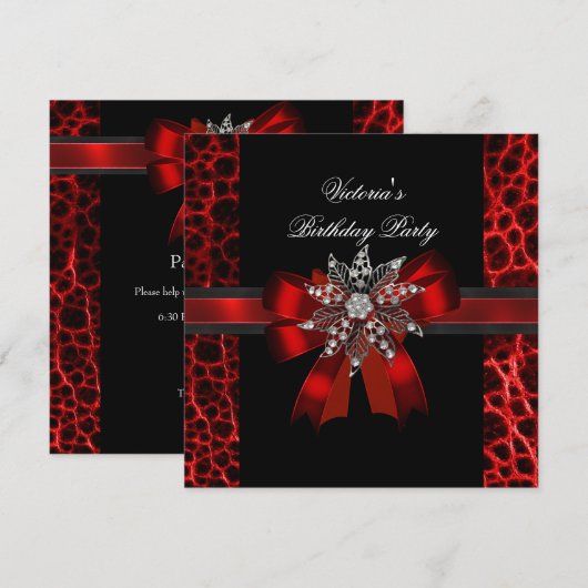 Elegant Birthday Party Black Red Bow Jewel Kaart (Voorkant / Achterkant)