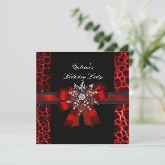 Elegant Birthday Party Black Red Bow Jewel Kaart (Staand voorkant)