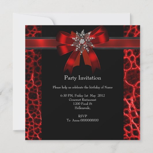Elegant Birthday Party Black Red Bow Jewel Kaart (Achterkant)