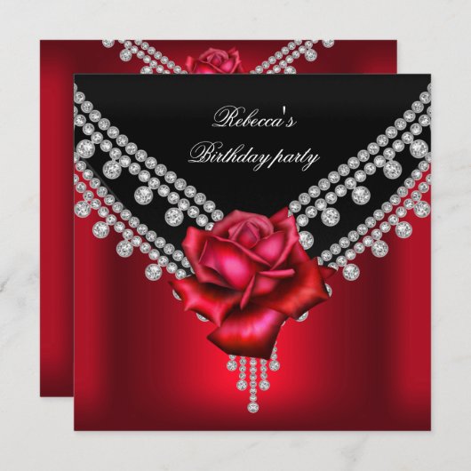 Elegant Birthday Party Black Red Rose Diamond Kaart (Voorkant / Achterkant)