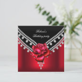 Elegant Birthday Party Black Red Rose Diamond Kaart (Staand voorkant)