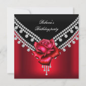Elegant Birthday Party Black Red Rose Diamond Kaart (Voorkant)