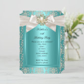 Elegant Birthday Party Blauwgroen Damask Pearl Cre Kaart (Staand voorkant)