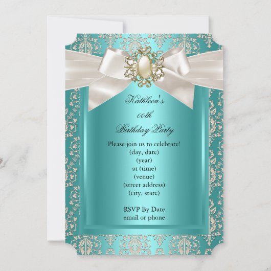 Elegant Birthday Party Blauwgroen Damask Pearl Cre Kaart (Voorkant)