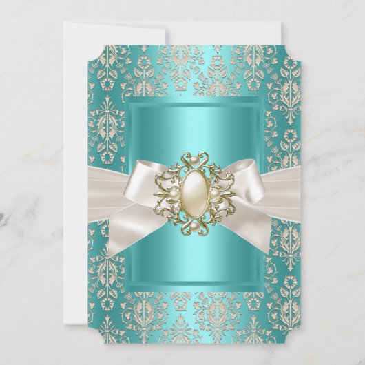 Elegant Birthday Party Blauwgroen Damask Pearl Cre Kaart (Achterkant)