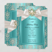 Elegant Birthday Party Blauwgroen Damask Pearl Cre Kaart (Voorkant / Achterkant)