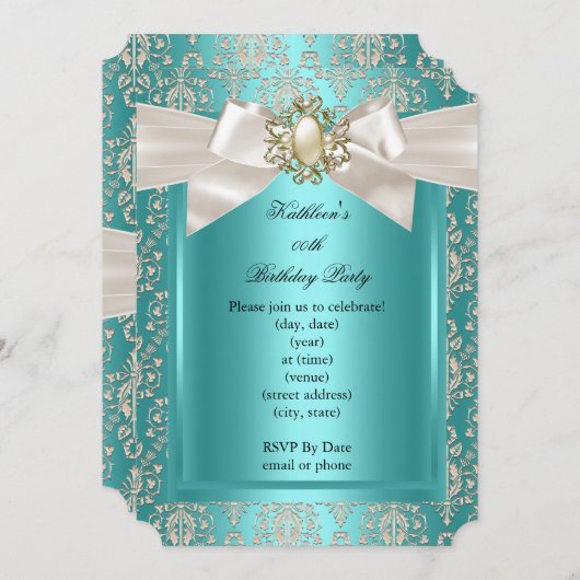 Elegant Birthday Party Blauwgroen Damask Pearl Cre Kaart (Voorkant / Achterkant)