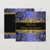 Elegant Birthday Party Blue Black Gold Damask Kaart (Voorkant / Achterkant)