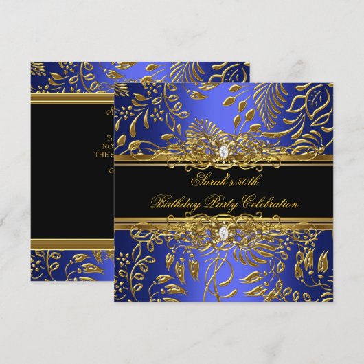 Elegant Birthday Party Blue Black Gold Damask Kaart (Voorkant / Achterkant)