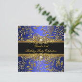 Elegant Birthday Party Blue Black Gold Damask Kaart (Staand voorkant)