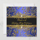 Elegant Birthday Party Blue Black Gold Damask Kaart (Voorkant)