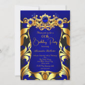 Elegant Birthday Party Blue Gold Black Damask Gems Kaart (Voorkant)