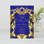 Elegant Birthday Party Blue Gold Black Damask Gems Kaart (Staand voorkant)