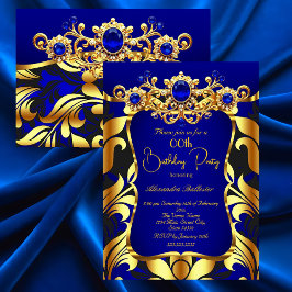 Elegant Birthday Party Blue Gold Black Damask Gems Kaart