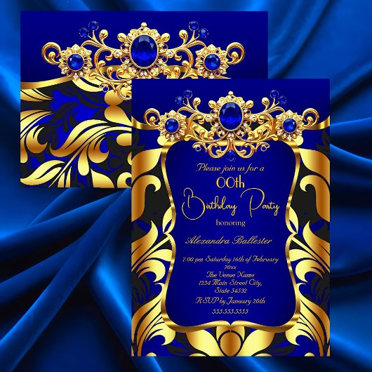 Elegant Birthday Party Blue Gold Black Damask Gems Kaart