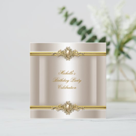 Elegant Birthday Party Cream Gold Pearl Jewel Kaart (Staand voorkant)