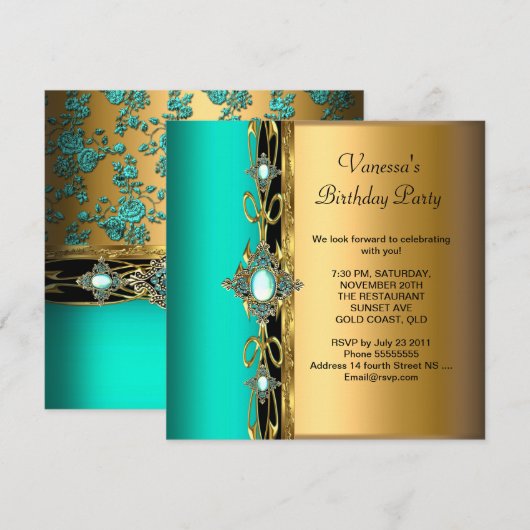 Elegant Birthday Party Damask Blauwgroen Green Blu Kaart (Voorkant / Achterkant)