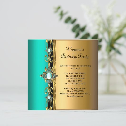 Elegant Birthday Party Damask Blauwgroen Green Blu Kaart (Staand voorkant)
