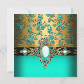 Elegant Birthday Party Damask Blauwgroen Green Blu Kaart (Achterkant)