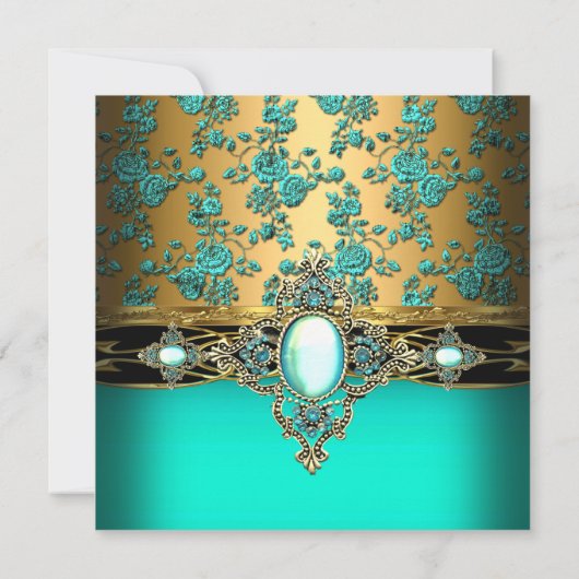 Elegant Birthday Party Damask Blauwgroen Green Blu Kaart (Achterkant)