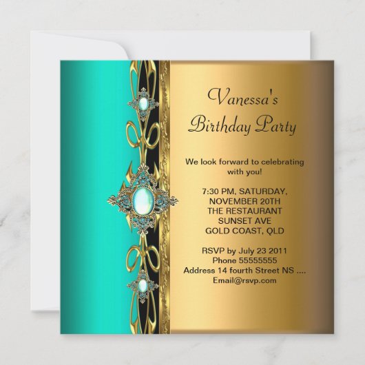 Elegant Birthday Party Damask Blauwgroen Green Blu Kaart (Voorkant)