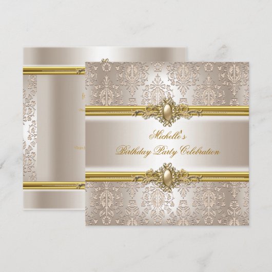 Elegant Birthday Party Damask Cream Gold Pearl 2 Kaart (Voorkant / Achterkant)
