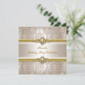 Elegant Birthday Party Damask Cream Gold Pearl 2 Kaart (Staand voorkant)
