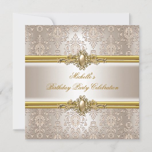 Elegant Birthday Party Damask Cream Gold Pearl 2 Kaart (Voorkant)