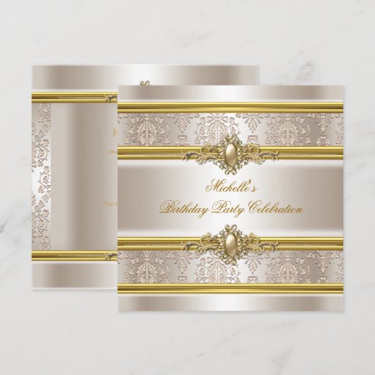 Elegant Birthday Party Damask Cream Gold Pearl Kaart (Voorkant / Achterkant)