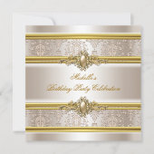 Elegant Birthday Party Damask Cream Gold Pearl Kaart (Voorkant)