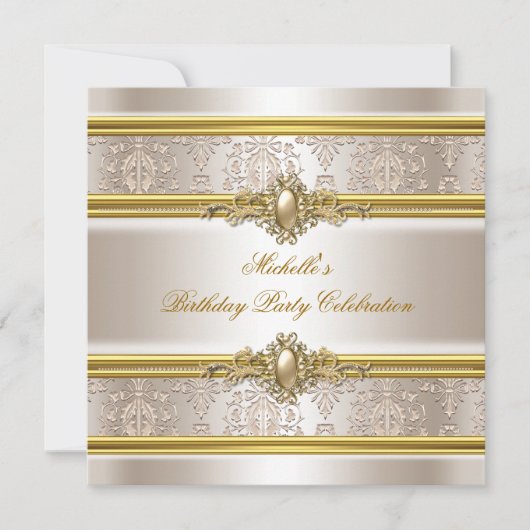 Elegant Birthday Party Damask Cream Gold Pearl Kaart (Voorkant)