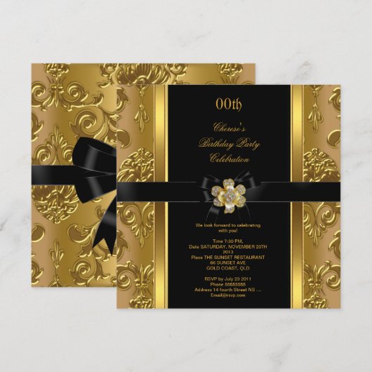 Elegant Birthday Party Damask Gold Diamond Black 2 Kaart (Voorkant / Achterkant)