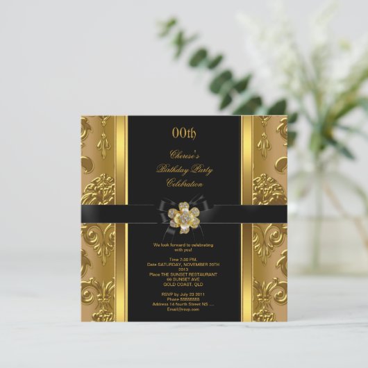 Elegant Birthday Party Damask Gold Diamond Black 2 Kaart (Staand voorkant)