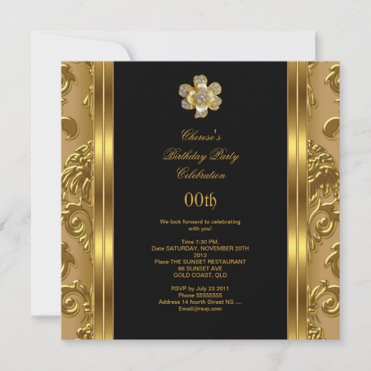 Elegant Birthday Party Damask Gold Diamond Black 3 Kaart (Voorkant)