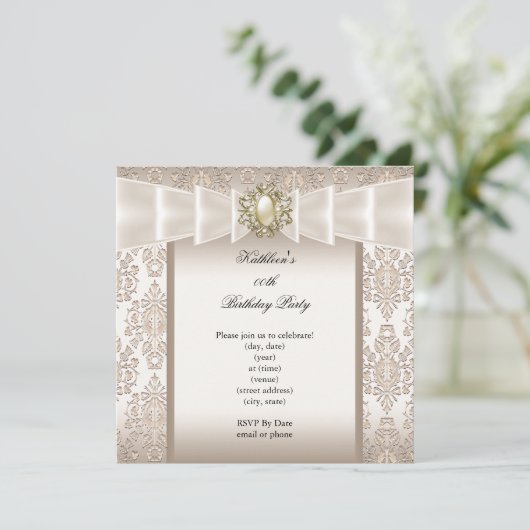 Elegant Birthday Party Damask Pearl Cream Kaart (Staand voorkant)