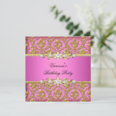 Elegant Birthday Party Damask Pink Gold Kaart (Staand voorkant)