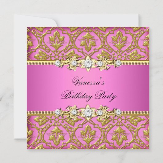 Elegant Birthday Party Damask Pink Gold Kaart (Voorkant)