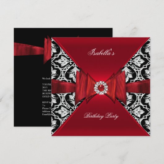 Elegant Birthday Party Damask Red Black Diamond Kaart (Voorkant / Achterkant)